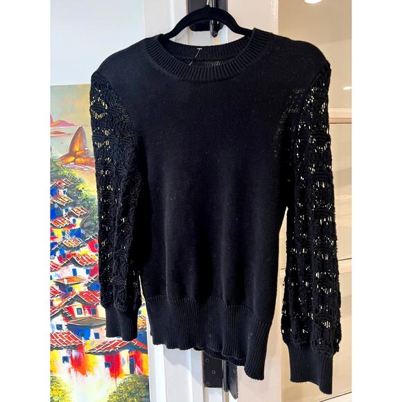 Cotton by Autumn Cashmere Black Sweater, Crochet Knit Sleeve, Fall Winter Top, S - Picture 3 of 4